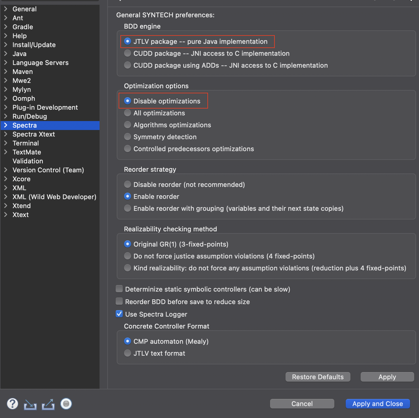 Spectra JTLV Settings